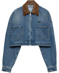 Prada - Leather-Collar Cropped Denim Jacket - Lyst