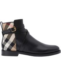 Burberry - Check And Leather Ankle Boots - Lyst