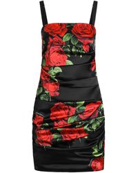 Dolce & Gabbana - Rose Print Satin Ruched Mini Dress - Lyst