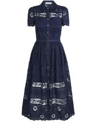 Self-Portrait - Ramie Embroidered Midi Shirt Dress - Lyst