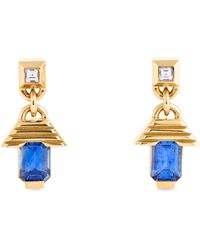 Azlee - Small Yellow Gold, Diamond And Sapphire Escalier Drop Earrings - Lyst