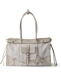 Prada - Large Leather And Printed Linen Bonnie Top-Handle Bag - Lyst