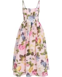 Carolina Herrera - Linen-Silk Floral Midi Dress - Lyst