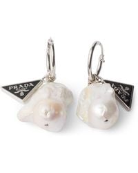 Prada - Enamel And Pearl Triangle Hoop Earrings - Lyst