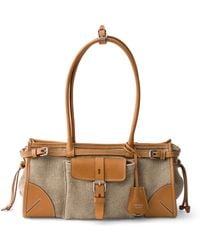 Prada - Small Linen-Leather Bonnie Top-Handle Bag - Lyst