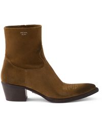 Prada - Suede Heeled Western Ankle Boots 55 - Lyst