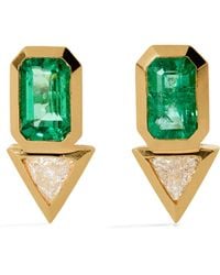 Azlee - Yellow Gold, Diamond And Emerald Trillion Stud Earrings - Lyst