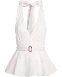 Self-Portrait - Linen-Cotton Peplum Top - Lyst