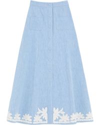 Valentino - Embroidered Denim Midi Skirt - Lyst