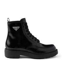 Prada - Leather Logo-Plate Lace-Up Boots - Lyst