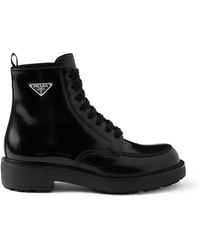 Prada - Leather Logo-Plate Lace-Up Boots - Lyst