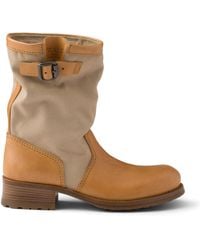 Prada - Leather-Canvas Mid-Calf Boots 30 - Lyst