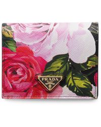 Prada - Small Saffiano Leather Floral Bifold Wallet - Lyst