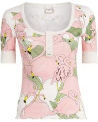 Chloé - Cotton Flamingo Print Henley T-Shirt - Lyst