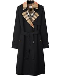 Burberry - Gabardine Check-Collar Long Trench Coat - Lyst