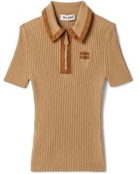 Miu Miu - Cashmere-Blend Suede-Trim Ribbed Polo Shirt - Lyst