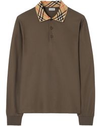 Burberry - Cotton Check-Collar Long-Sleeve Polo Shirt - Lyst