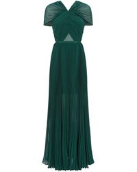 Self-Portrait Pleated Long Dress - Green