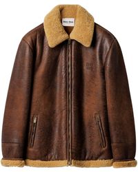 Miu Miu - Waxed Leather Shearling-Trim Jacket - Lyst