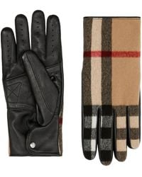 Burberry - Leather And Wool Check Gloves - Lyst