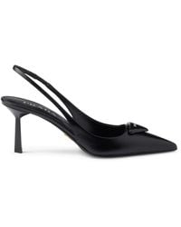 Prada - Brand-plaque Slingback Heeled Brushed-leather Pumps - Lyst