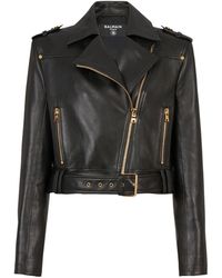 Balmain - Leather Cropped Biker Jacket - Lyst