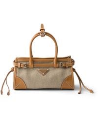 Prada - Small Linen-Leather Bonnie Top-Handle Bag - Lyst