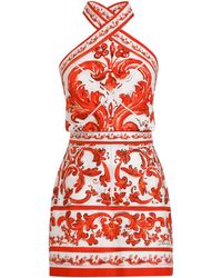 Dolce & Gabbana - Cotton Majolica Halterneck Mini Dress - Lyst