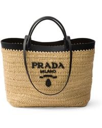 Prada - Medium Raffia And Leather Tote Bag - Lyst