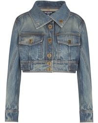Balmain - Cropped Denim Jacket - Lyst