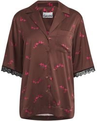 Ganni - Silk-Satin Floral Lace-Trim Shirt - Lyst