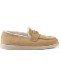 Prada - Suede-Shearling Triangle Loafers - Lyst