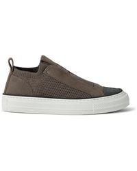 Brunello Cucinelli - Knitted Suede-Trim Sneakers - Lyst