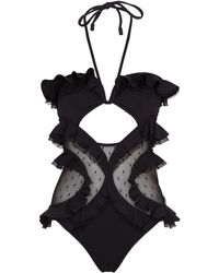Zimmermann Allia Cutout Ruffled Swiss Dot Tulle-paneled Swimsuit - Black