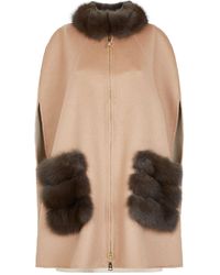 Lilly E Violetta Cashmere Sable Fur Trim Cape - Natural