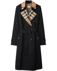 Burberry - Gabardine Check-Collar Long Trench Coat - Lyst