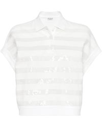 Brunello Cucinelli - Cotton Piqué Embellished Stripe Polo Shirt - Lyst