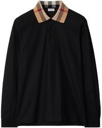 Burberry - Cotton Check-Collar Long-Sleeve Polo Shirt - Lyst