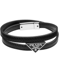 Prada Triangle Logo Saffiano Leather Bracelet - Black