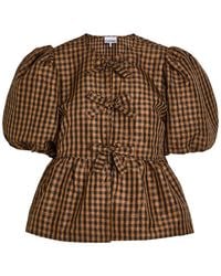 Ganni - Crinkled Checked Taffeta Blouse - Lyst