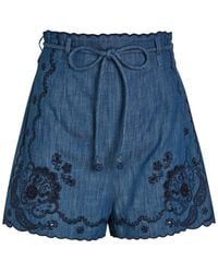 Zimmermann - Aster Embroidered Belted Denim Shorts - Lyst