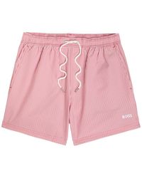 BOSS - Striped Logo-Embroidery Seersucker Swim Shorts - Lyst
