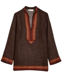 Tory Burch - Stripe-Trimmed Semi-Sheer Linen Tunic - Lyst