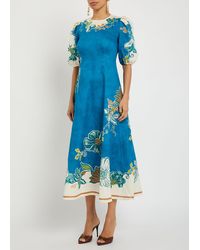 ALMAIS Monte Printed Linen Midi Dress in Pink | Lyst