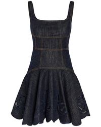 Self-Portrait - Embroidered Panelled Denim Mini Dress - Lyst
