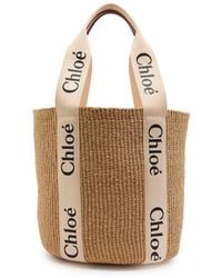Chloé - Woody Large Logo-Print Raffia Basket Bag - Lyst