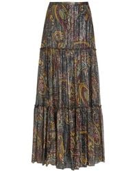 Etro - Printed Tiered Metallic Silk Midi Skirt - Lyst