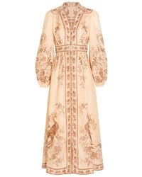 Zimmermann - Indra Printed Plunge Linen Midi Dress - Lyst