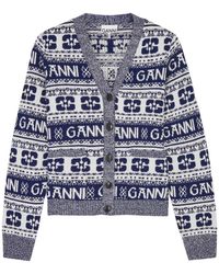 Ganni - Logo-Intarsia Wool-Blend Cardigan - Lyst