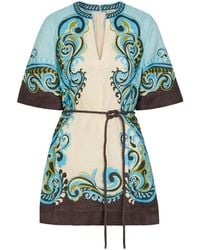 ALÉMAIS - Natalia Printed Belted Linen Mini Dress - Lyst